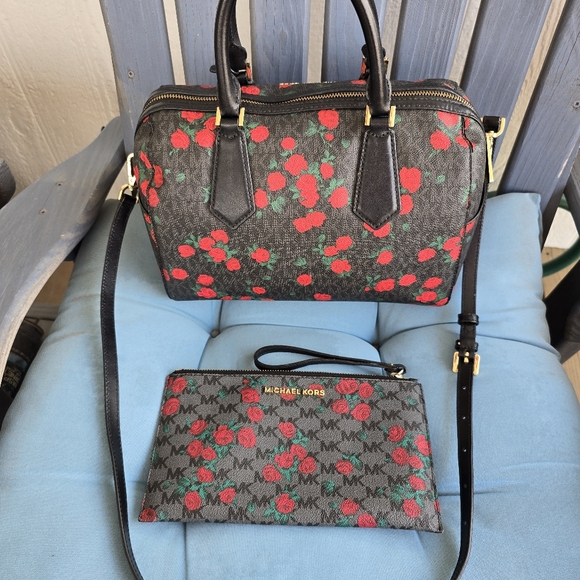 Michael Kors Black and Red Floral Satchel - Picture 9 of 15